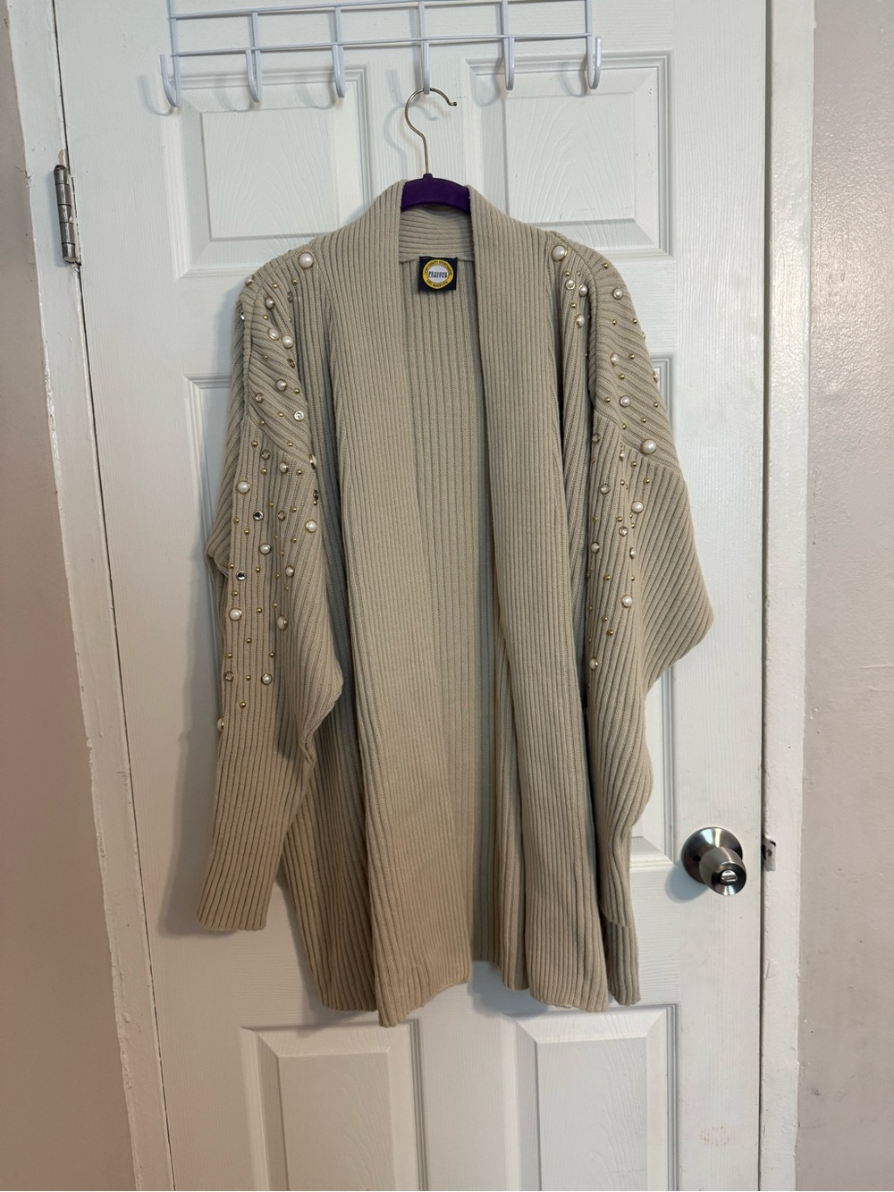 Pearl-Embellished Open Ribbed Cardigan - Cream